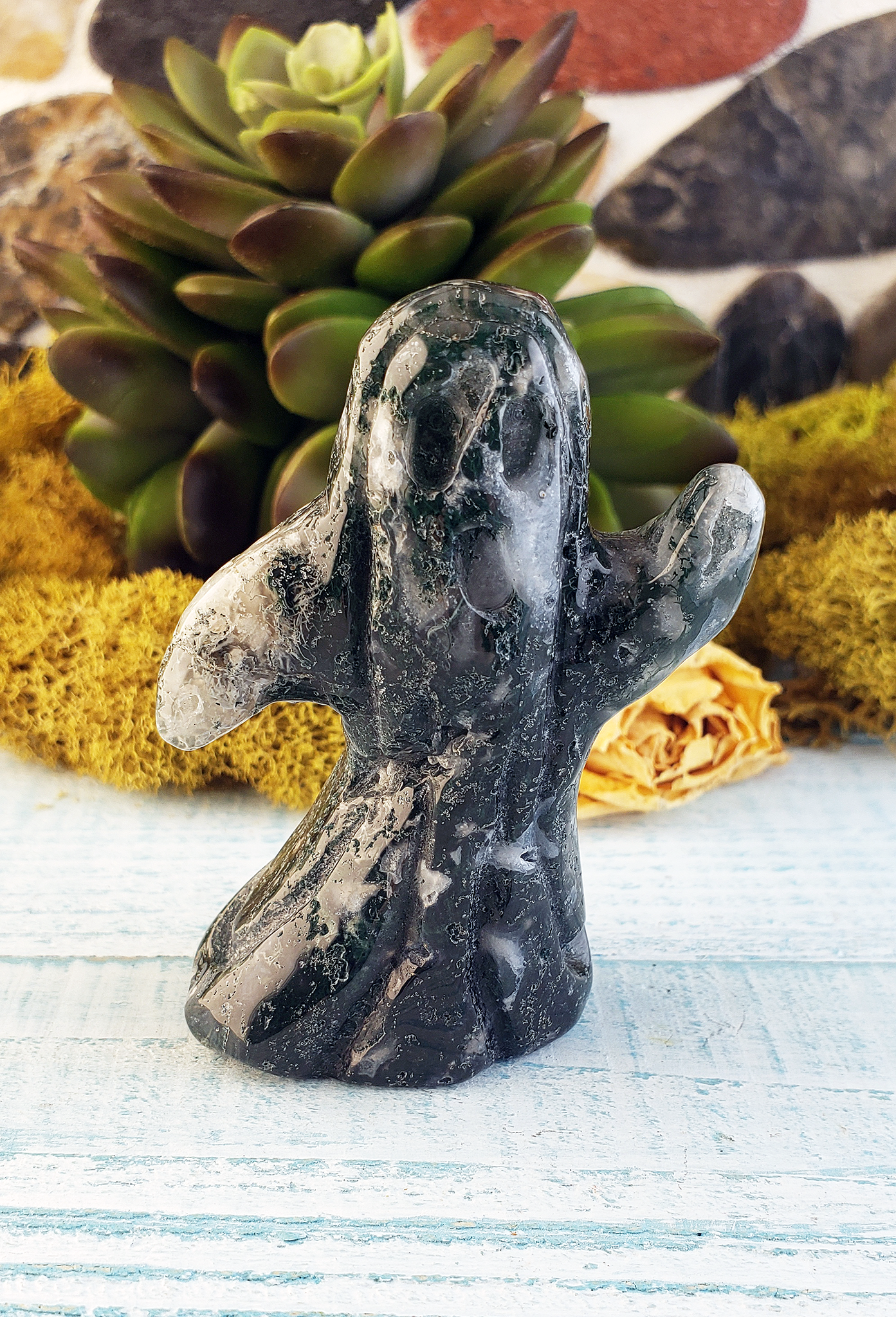 Moss Agate Natural Gemstone Spooky Spirit Wailing Ghost Carving - Adorable Figurine!