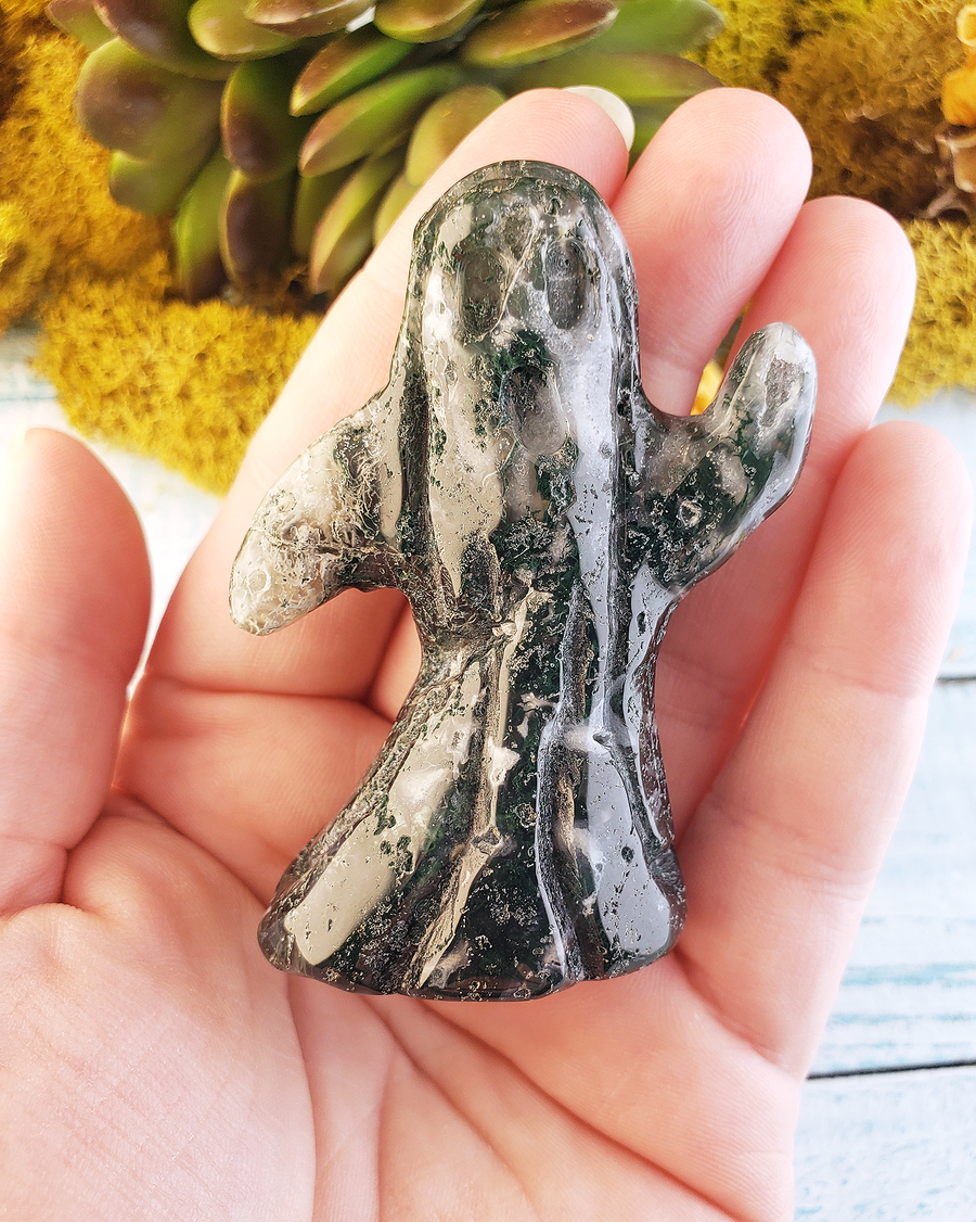 Moss Agate Natural Gemstone Spooky Spirit Wailing Ghost Carving - Textured Front