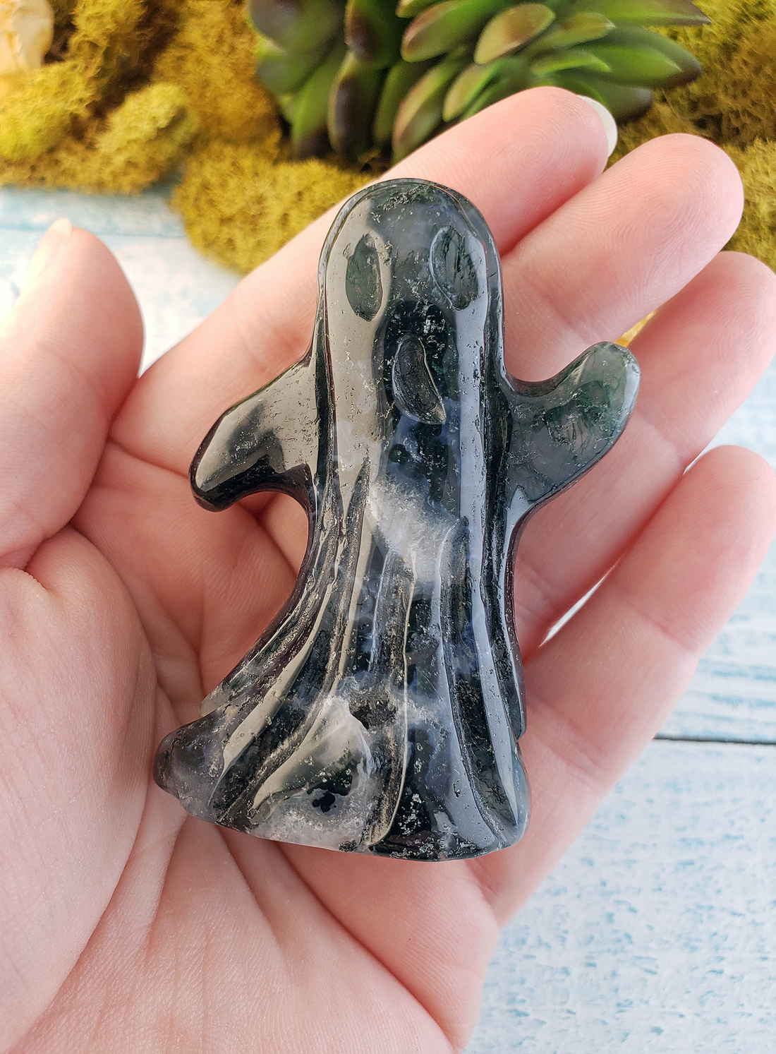 Moss Agate Natural Gemstone Spooky Spirit Wailing Ghost Carving