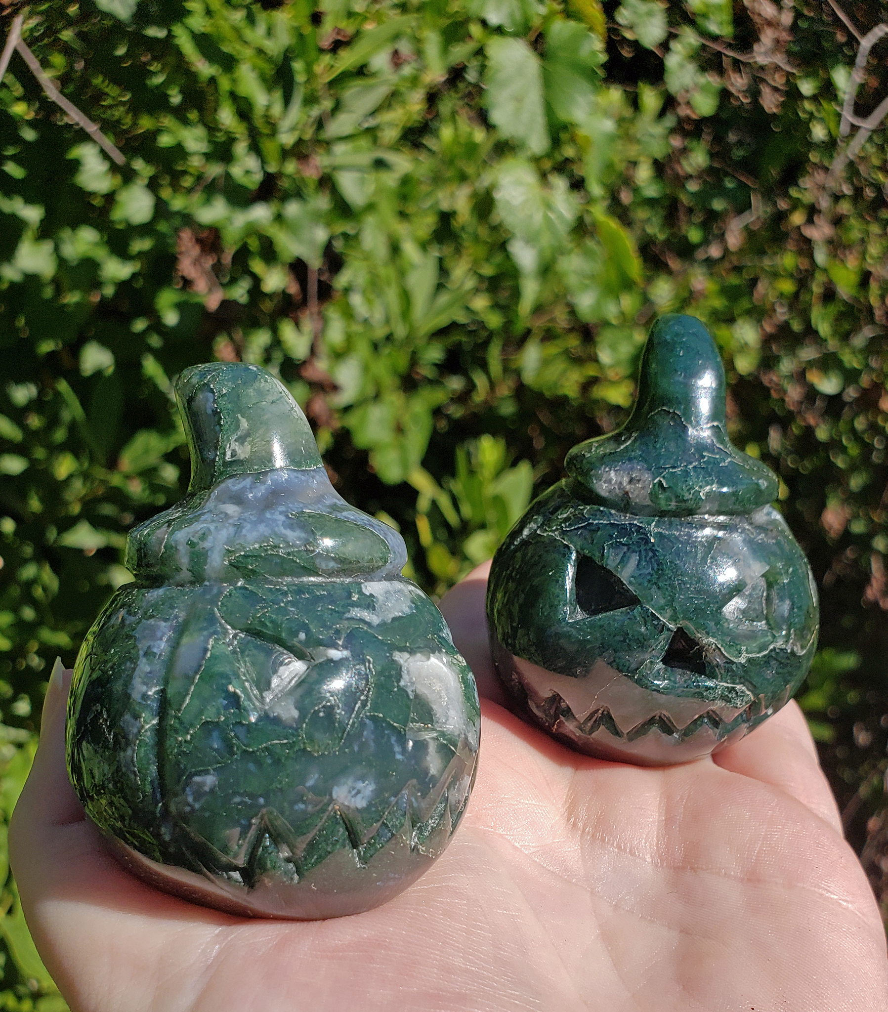 Moss Agate Gemstone Spooky Pumpkin Totem Jack-o-Lantern Carving - Different Facings