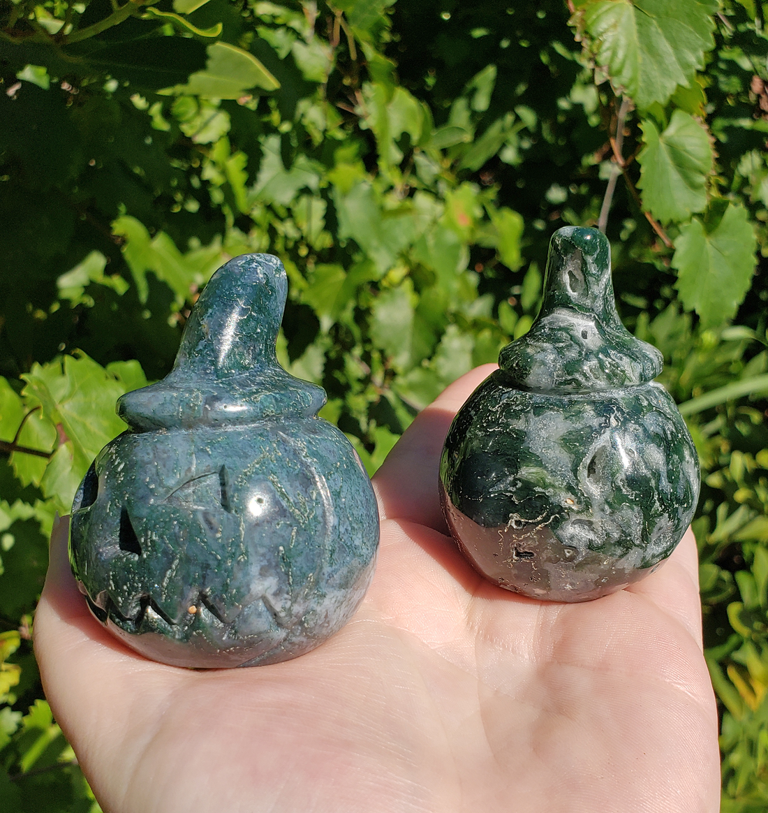 Moss Agate Gemstone Spooky Pumpkin Totem Jack-o-Lantern Carving - Side to Side