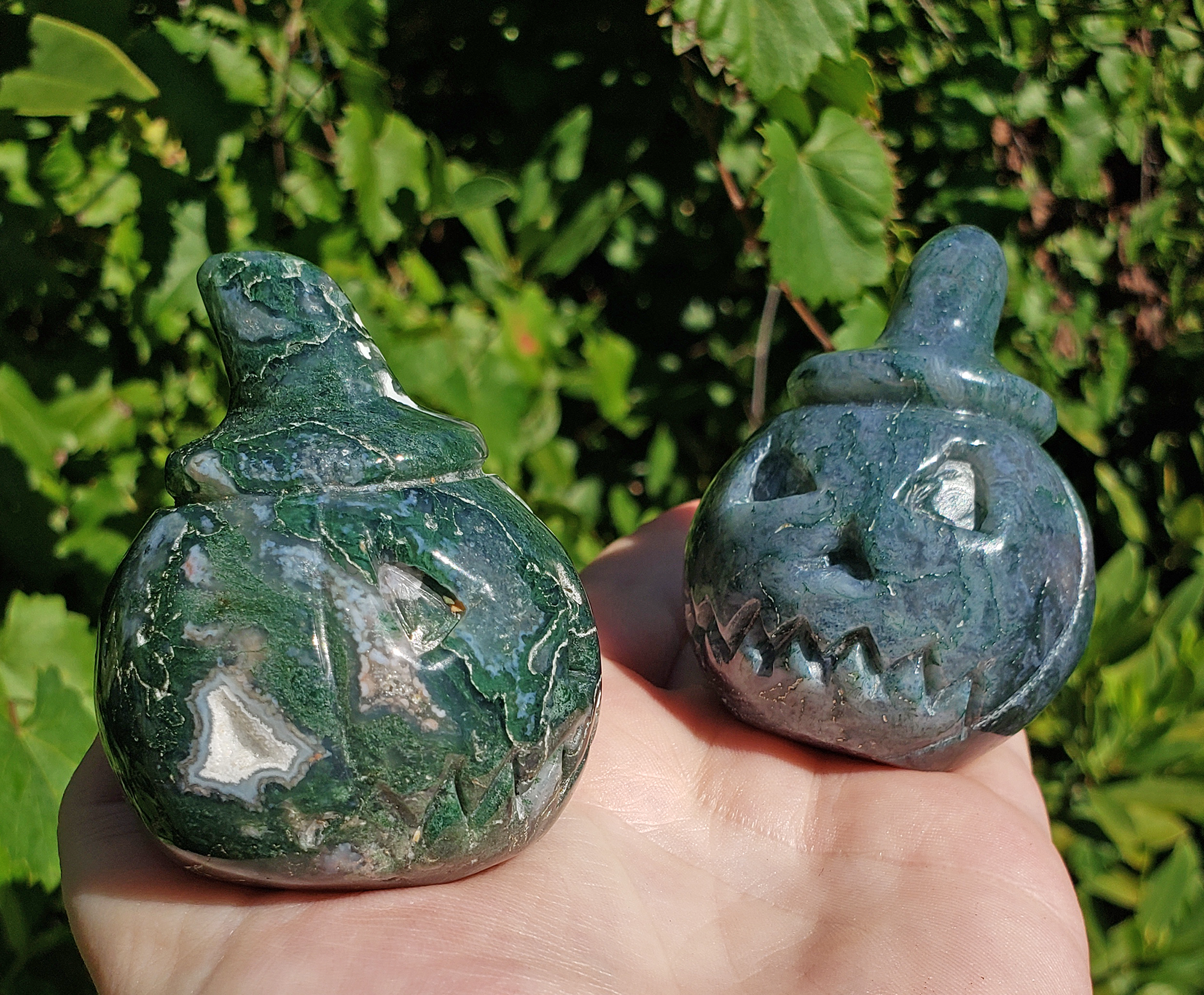 Moss Agate Gemstone Spooky Pumpkin Totem Jack-o-Lantern Carving - Side Druzy Cavern