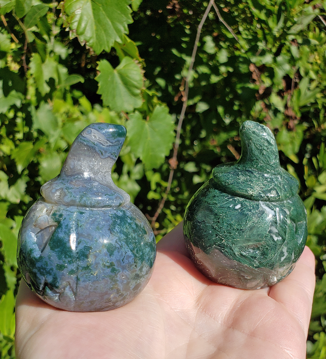 Moss Agate Gemstone Spooky Pumpkin Totem Jack-o-Lantern Carving - Back to Back Pumpkins