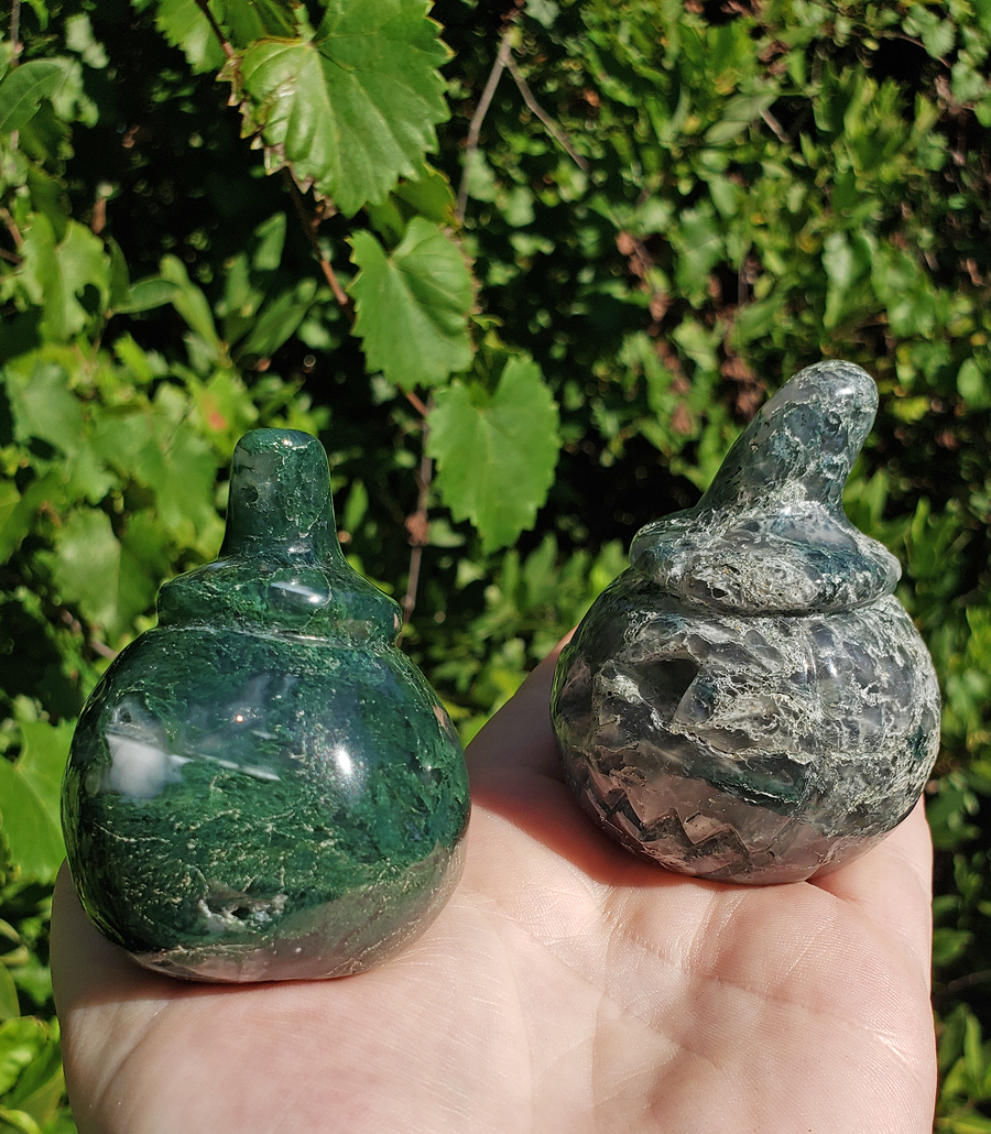 Moss Agate Gemstone Spooky Pumpkin Totem Jack-o-Lantern Carving - Highly Textured Pieces