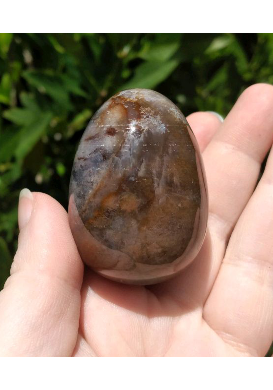 Moss Agate Gemstone 40 - 48mm Egg Carving - Moss Agate with Brownish Red Coloration
