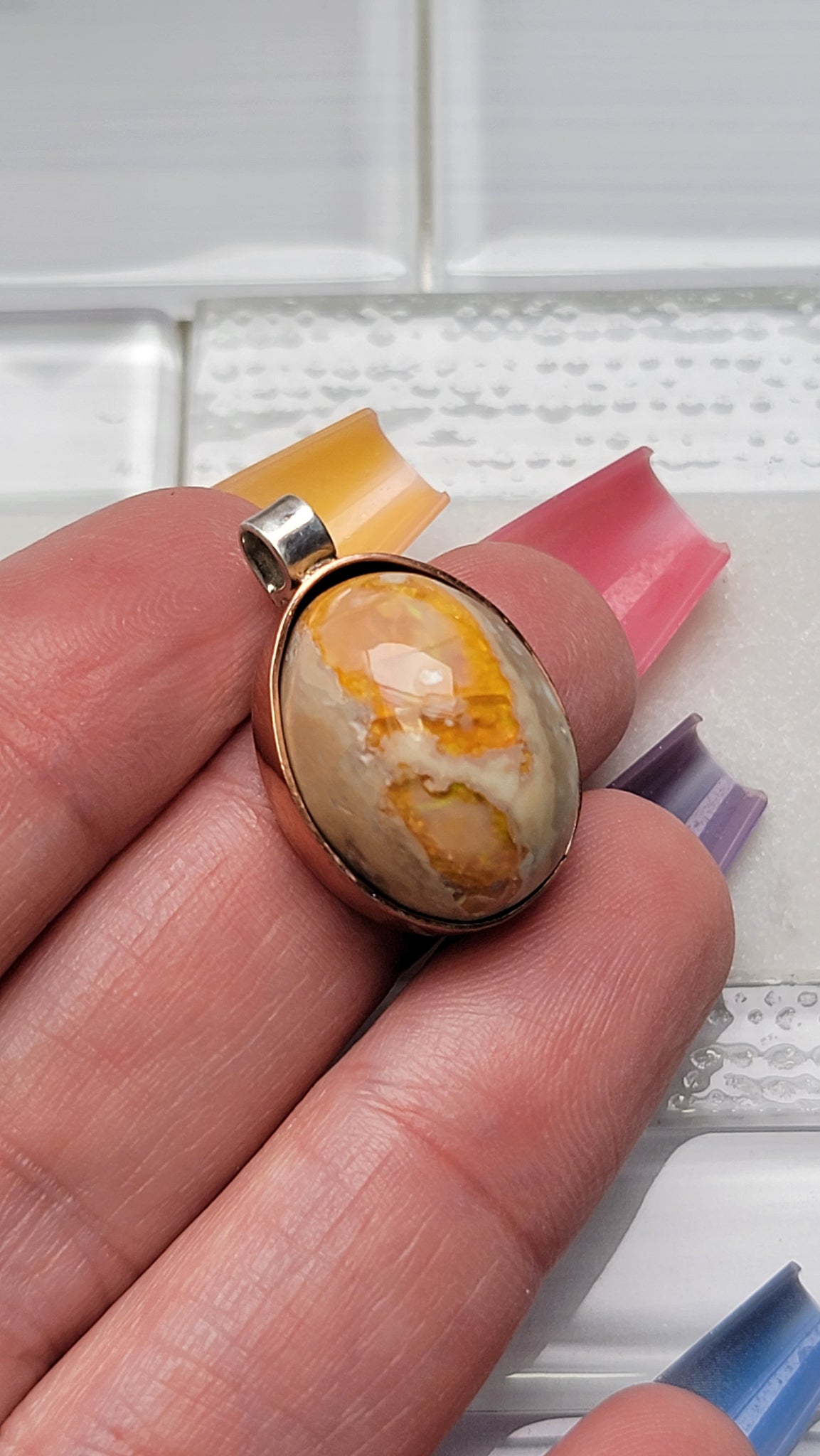 Natural Cantera Mexican Yellow Opal Sterling Silver &amp; Copper Pendant - AA Grade Opal