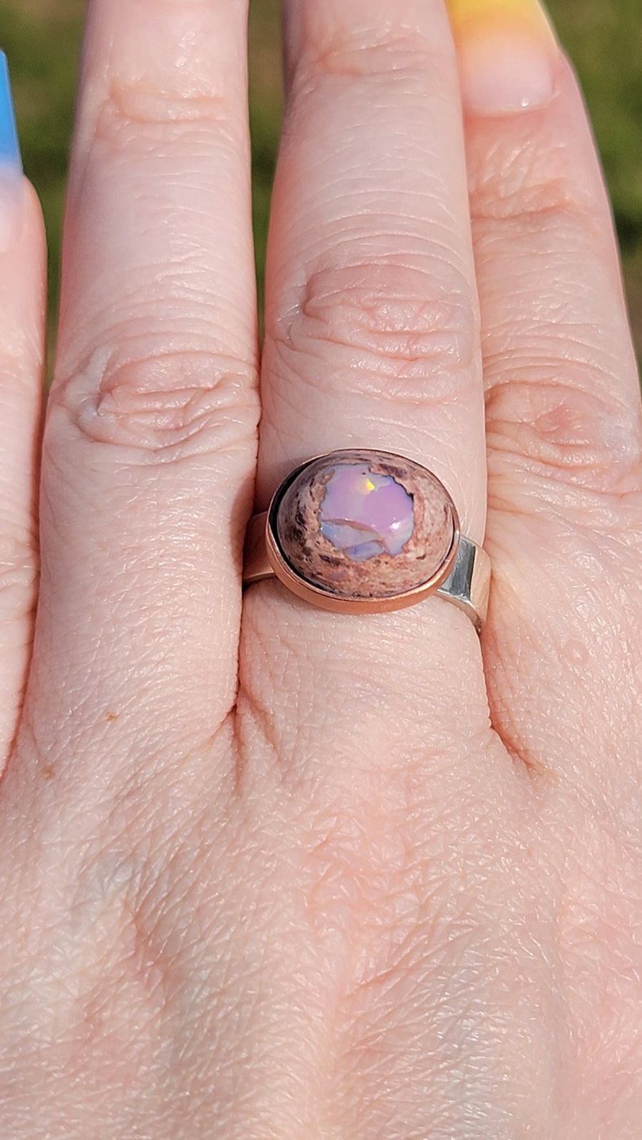 Natural Cantera Mexican Pink Purple Opal Sterling Silver & Copper Ring