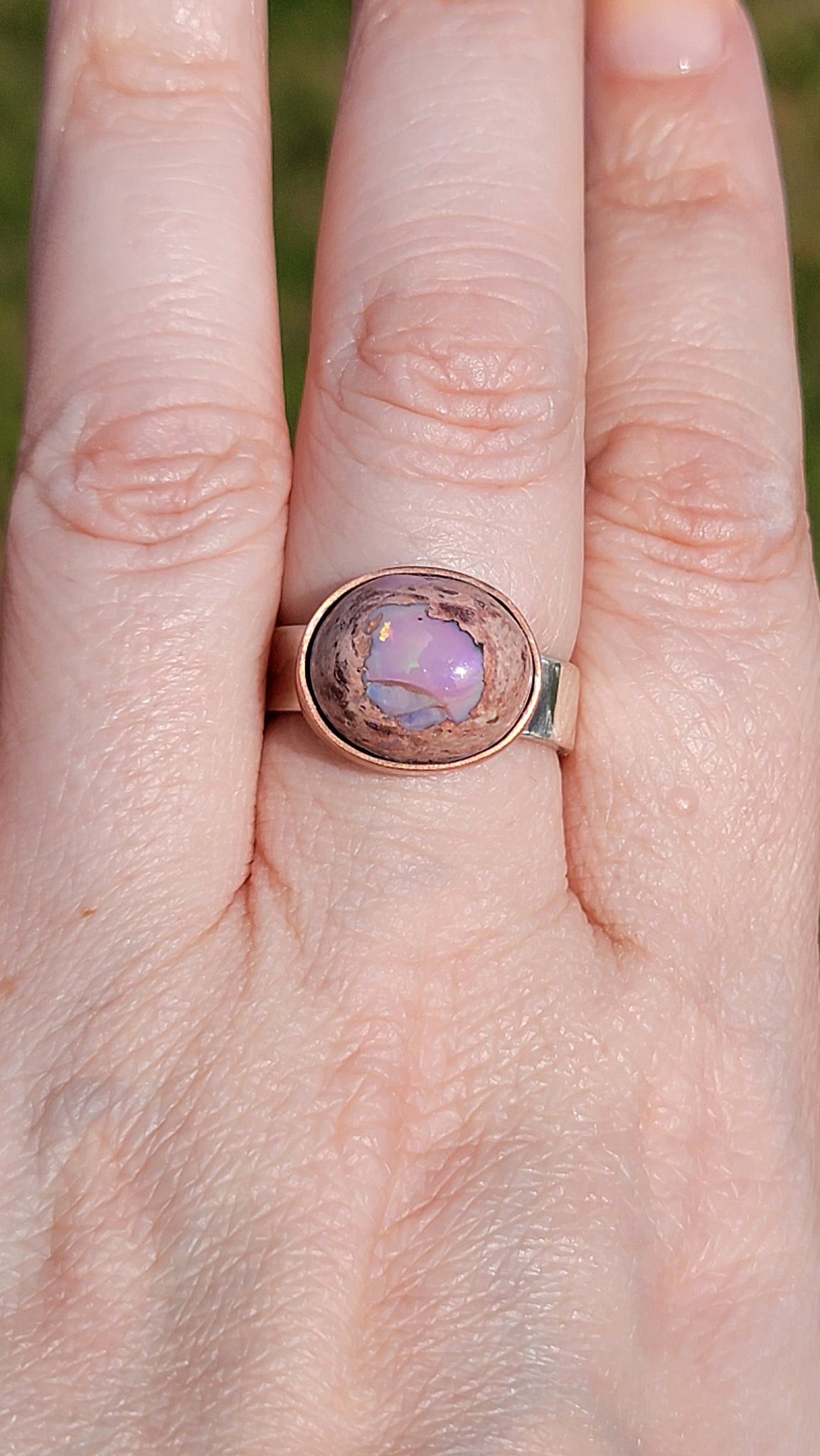 Natural Cantera Mexican Pink Purple Opal Sterling Silver &amp; Copper Ring