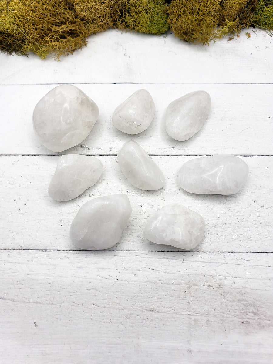 Milky quartz crystal pieces on display