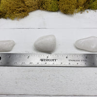 Ruler measuring size of three Milky quartz stones