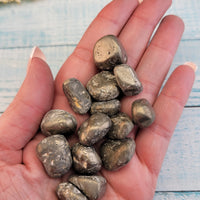 tumbled pyrite stones in hand