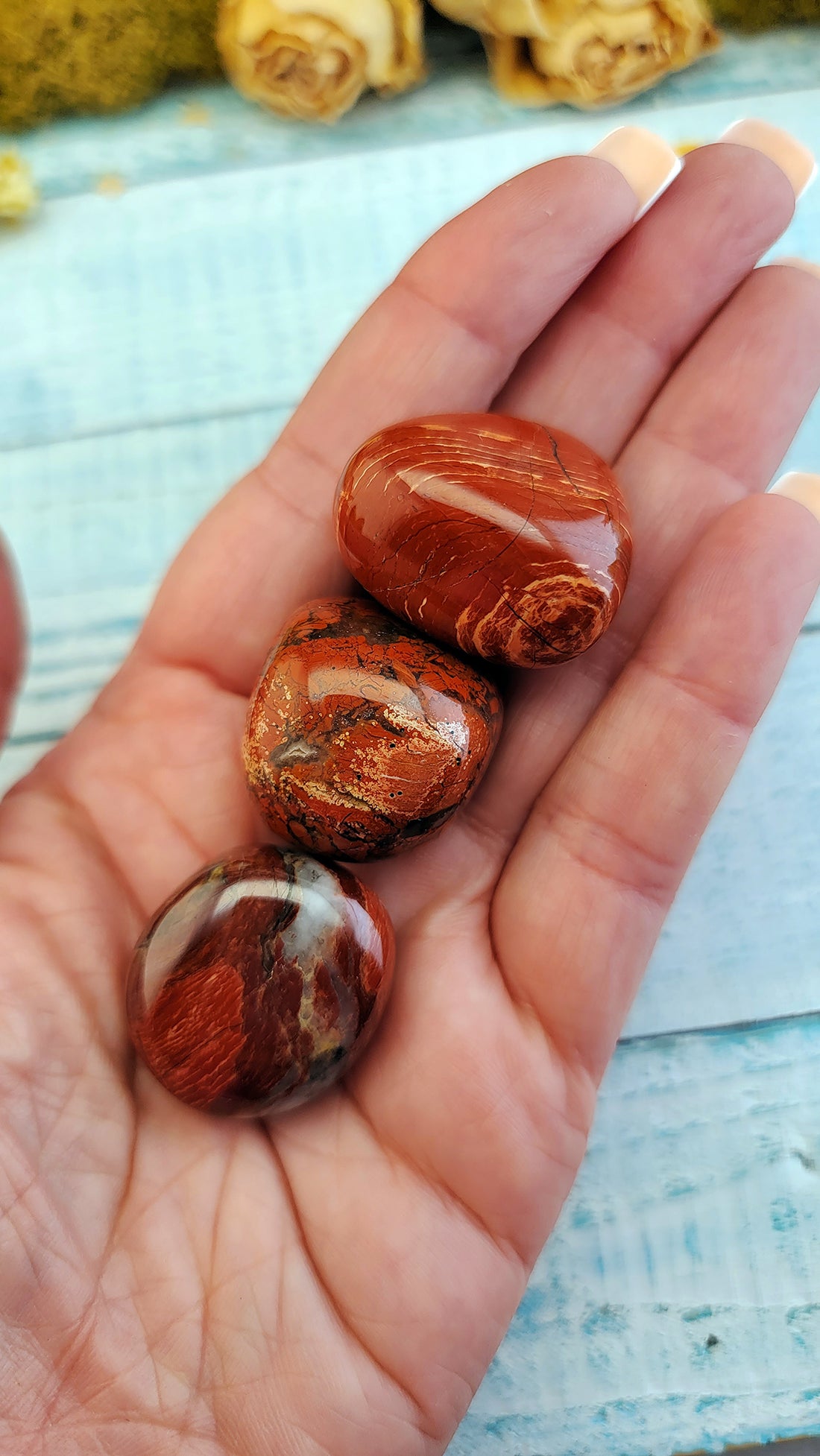tumbled red silver leaf jasper stones in hand