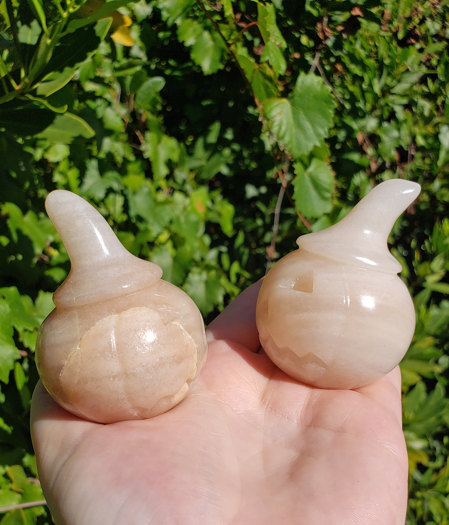 Rose Quartz Gemstone Spooky Pumpkin Totem Jack-o-Lantern Carving - Showing Natural Internal Fracture
