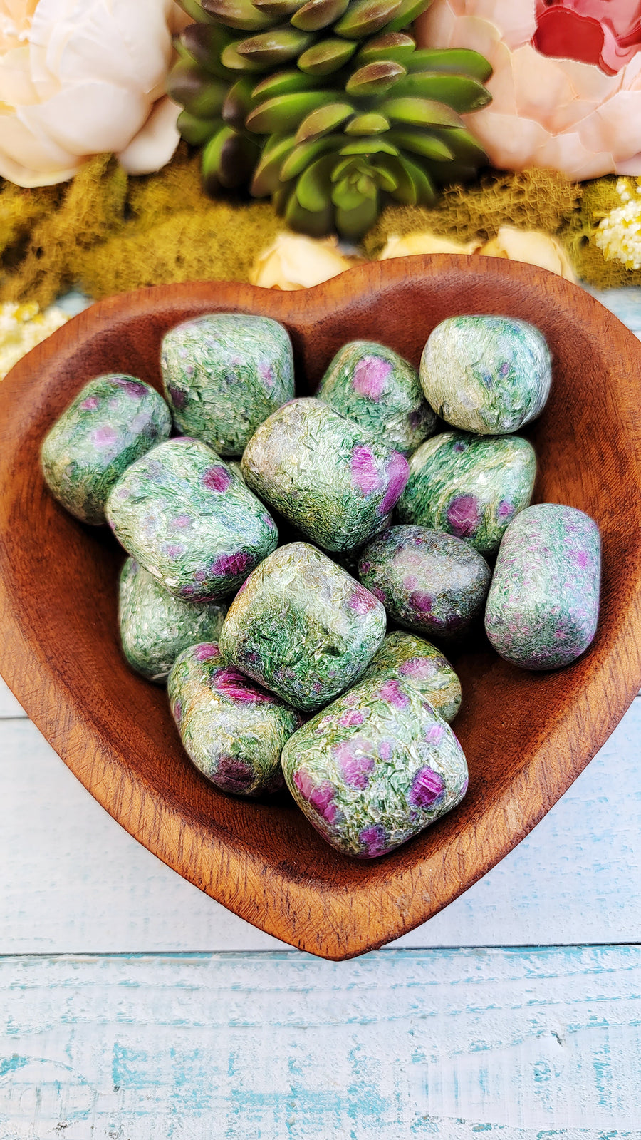 wooden heart bowl with tumbled ruby kyanite fuchsite