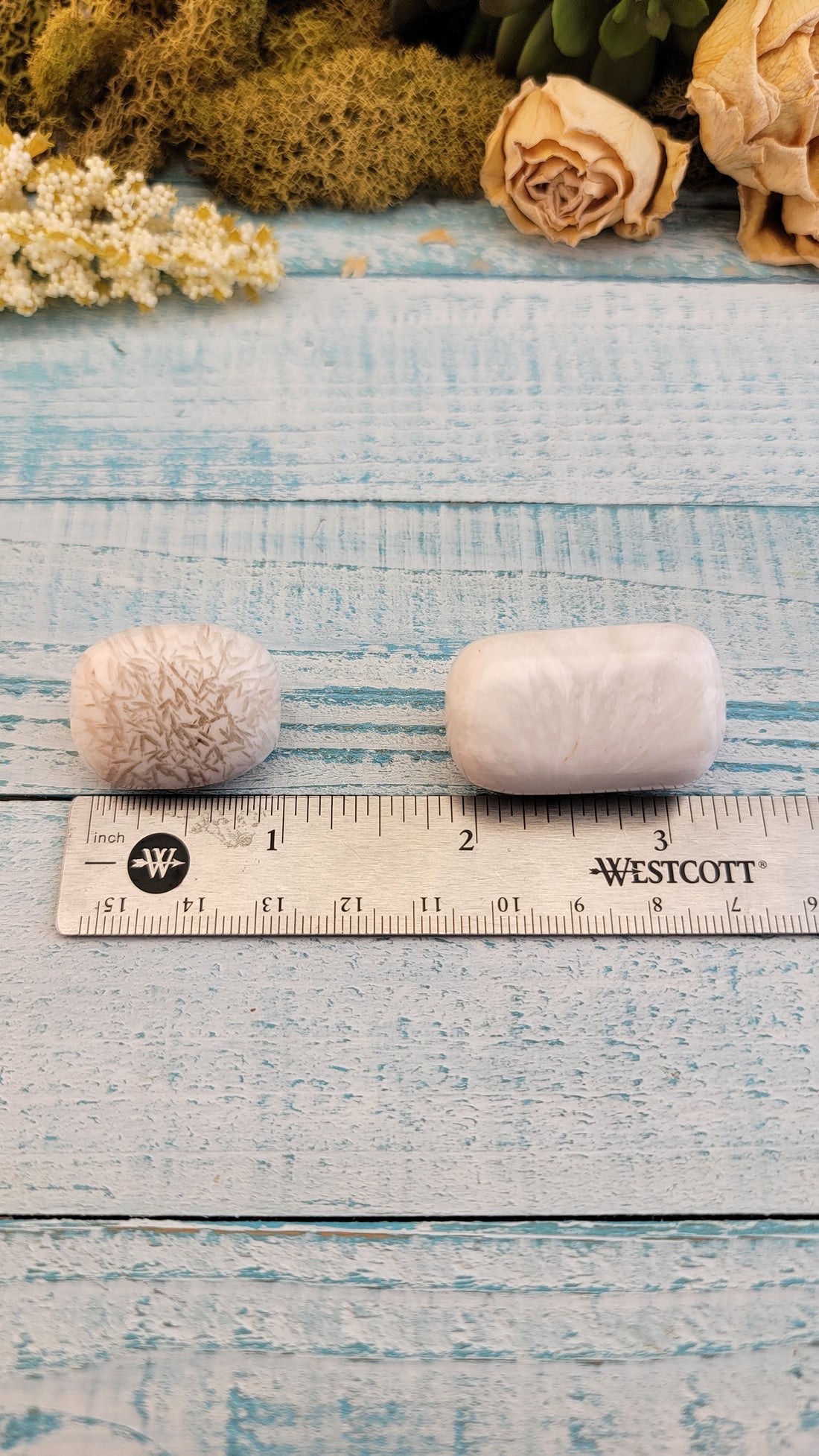 tumbled scolecite stones compared on ruler