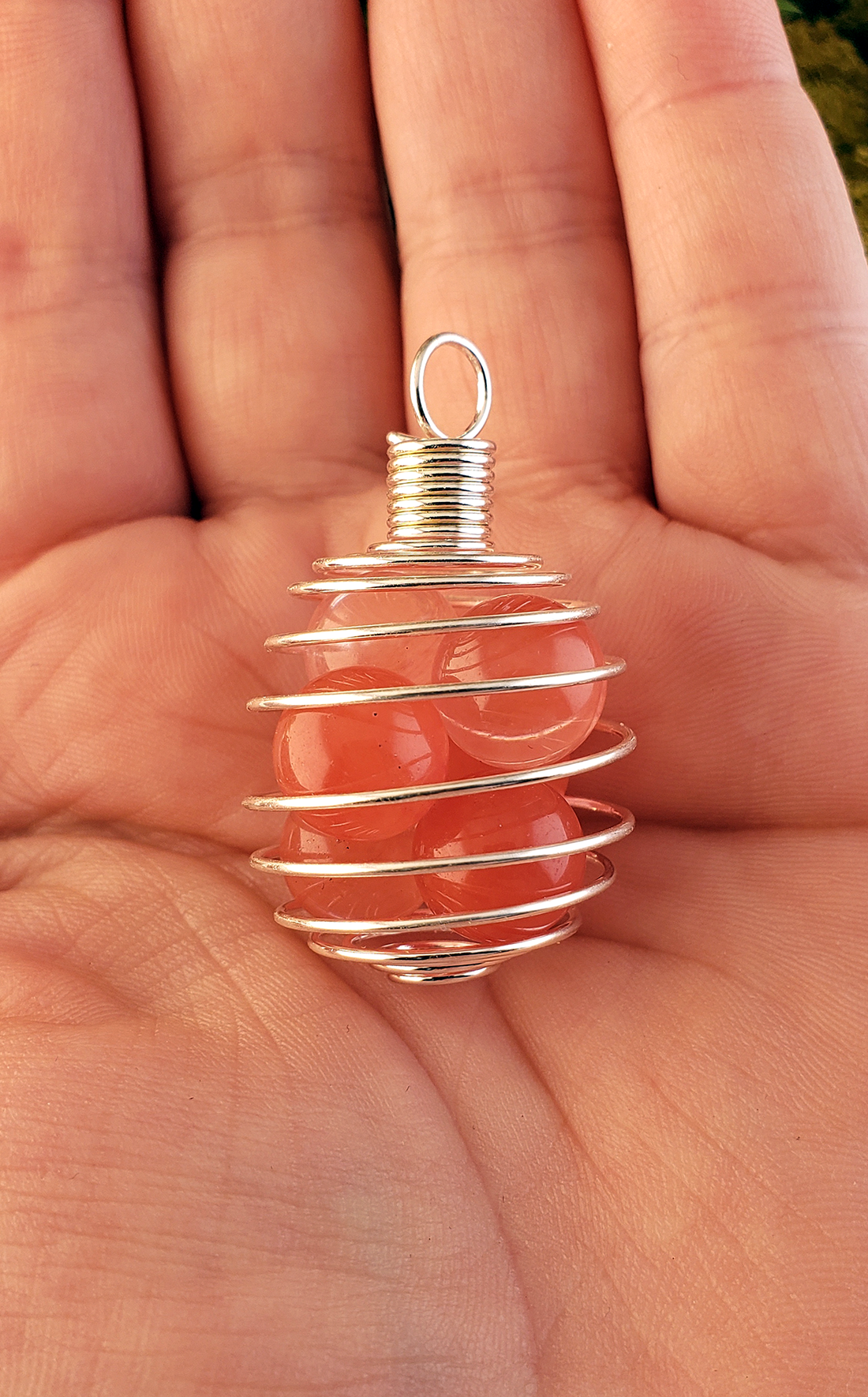 Silver-Colored Metal Spiral Cage Ornament Pendant - Perfect for Holding Gemstones or Orbs! - With Strawberry Obsidian 10mm Orbs on Display
