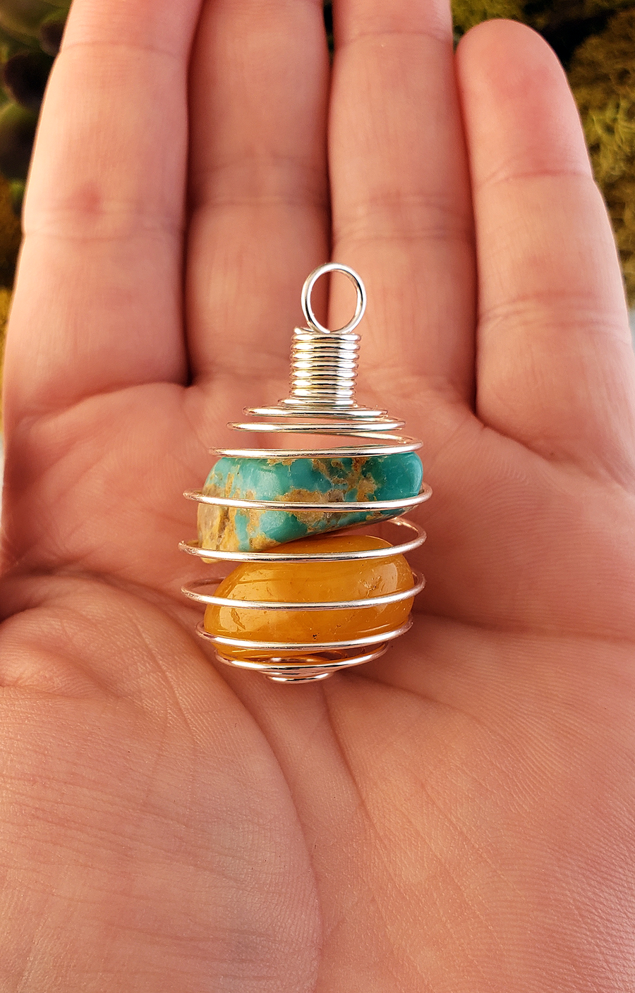 Silver-Colored Metal Spiral Cage Ornament Pendant - Perfect for Holding Gemstones or Orbs! - With Turquoise and Apricot Quartz on Display