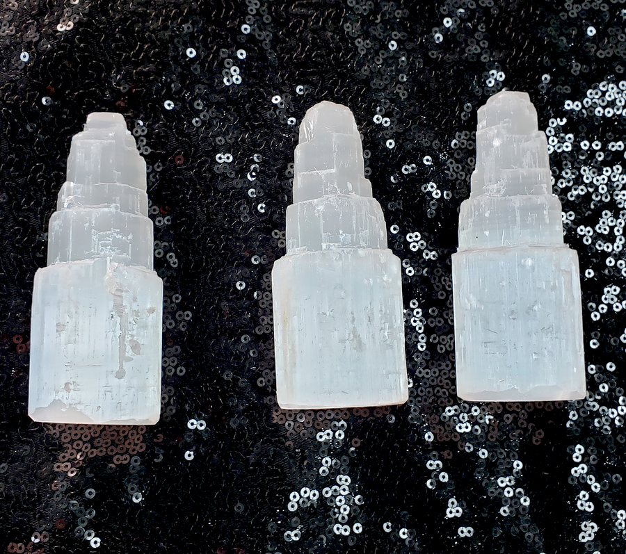 Selenite Gemstone Tower for Cleansing and Charging - Small - Natural Crystal - Close Up