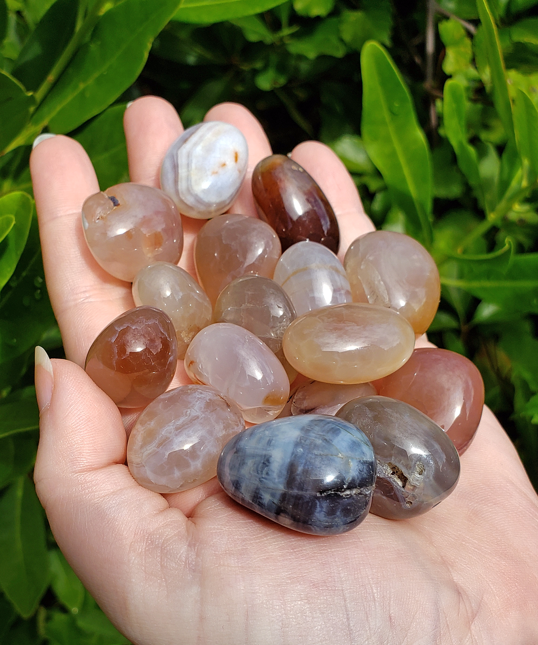 snakeskin agate crystals in hand