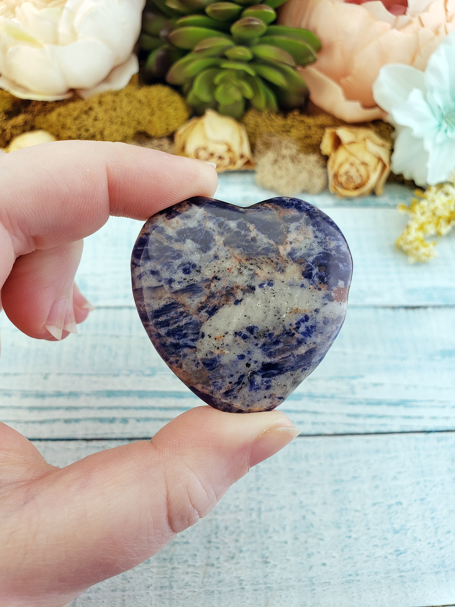 Sodalite Polished Gemstone Flat Heart Shaped Carving - 45mm - Close Up