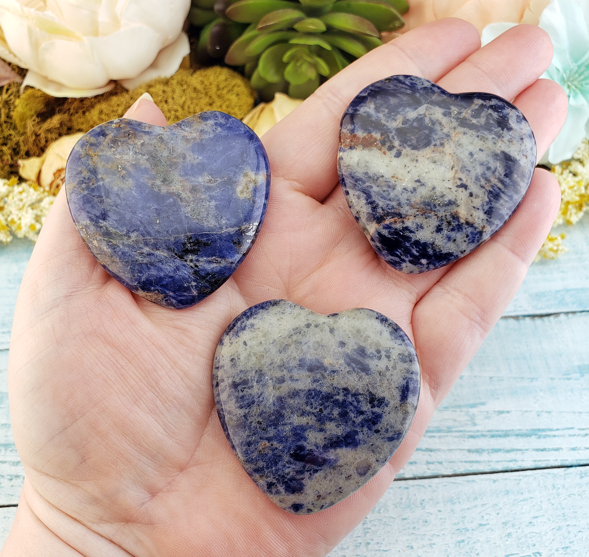 Sodalite Polished Gemstone Flat Heart Shaped Carving - 45mm - In Hand