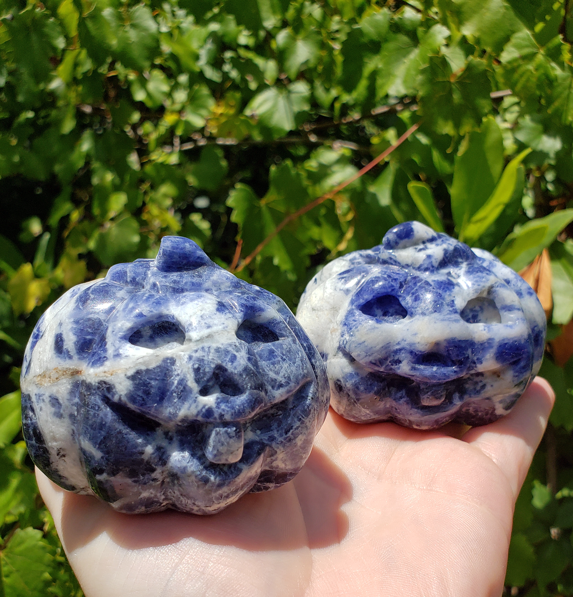 Sodalite Gemstone Happy Pumpkin Totem Jack-o-Lantern Carving - Large - Happy Mottled Pumpkins