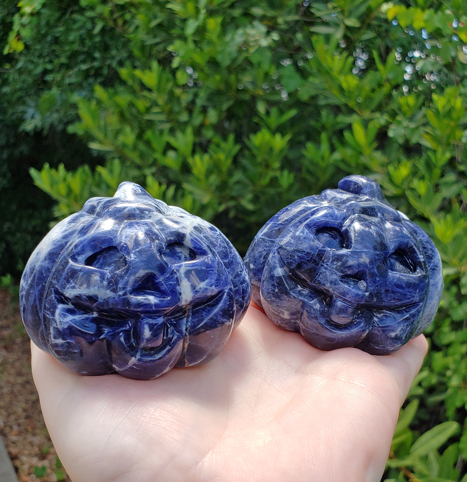 Sodalite Gemstone Happy Pumpkin Totem Jack-o-Lantern Carving - Large - Deep Blue