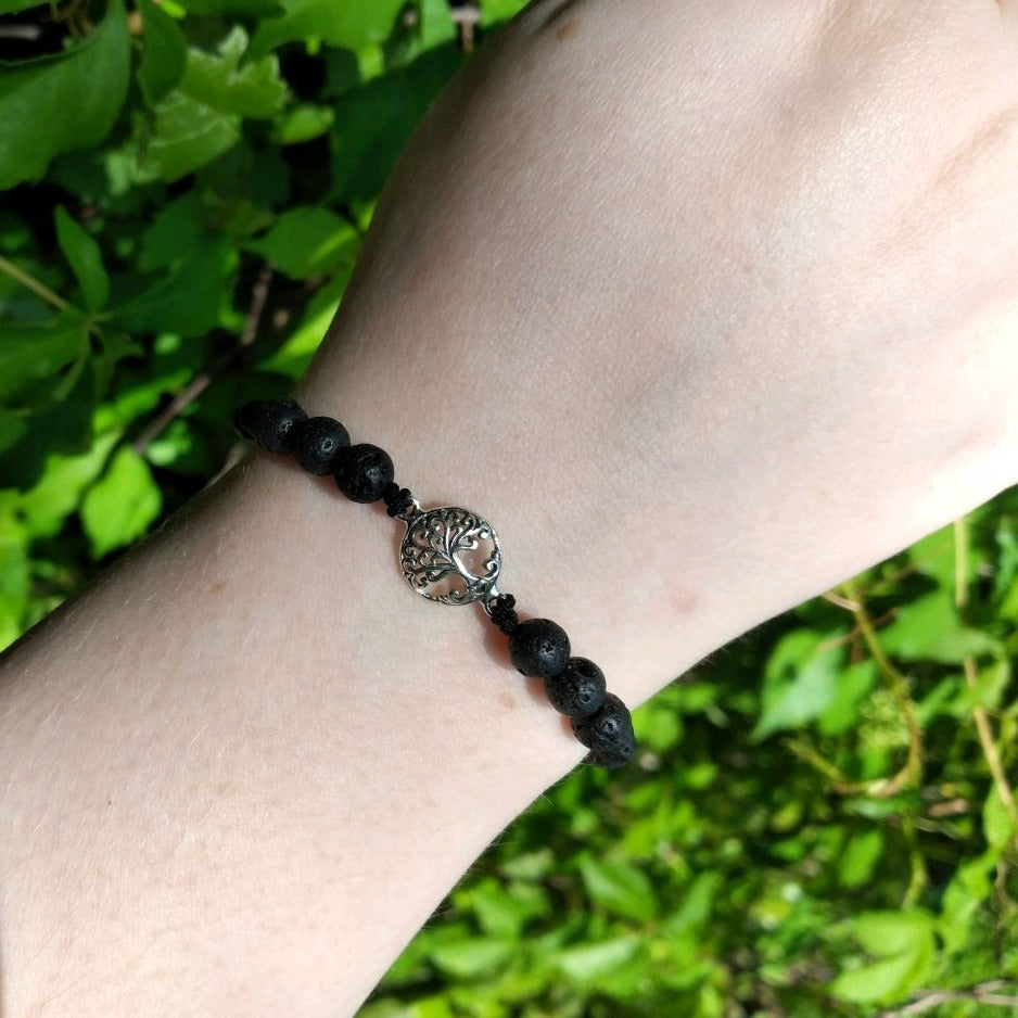 Adjustable Lava Rock Bead Bracelet with Sterling Silver Tree of Life Charm