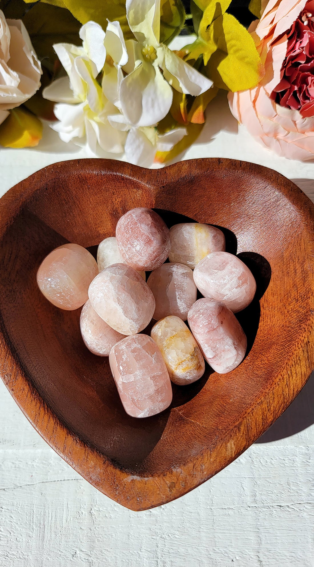 wooden heart bowl with tumbled rose calcite