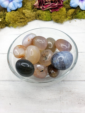 snakeskin agate crystal pieces in glass bowl
