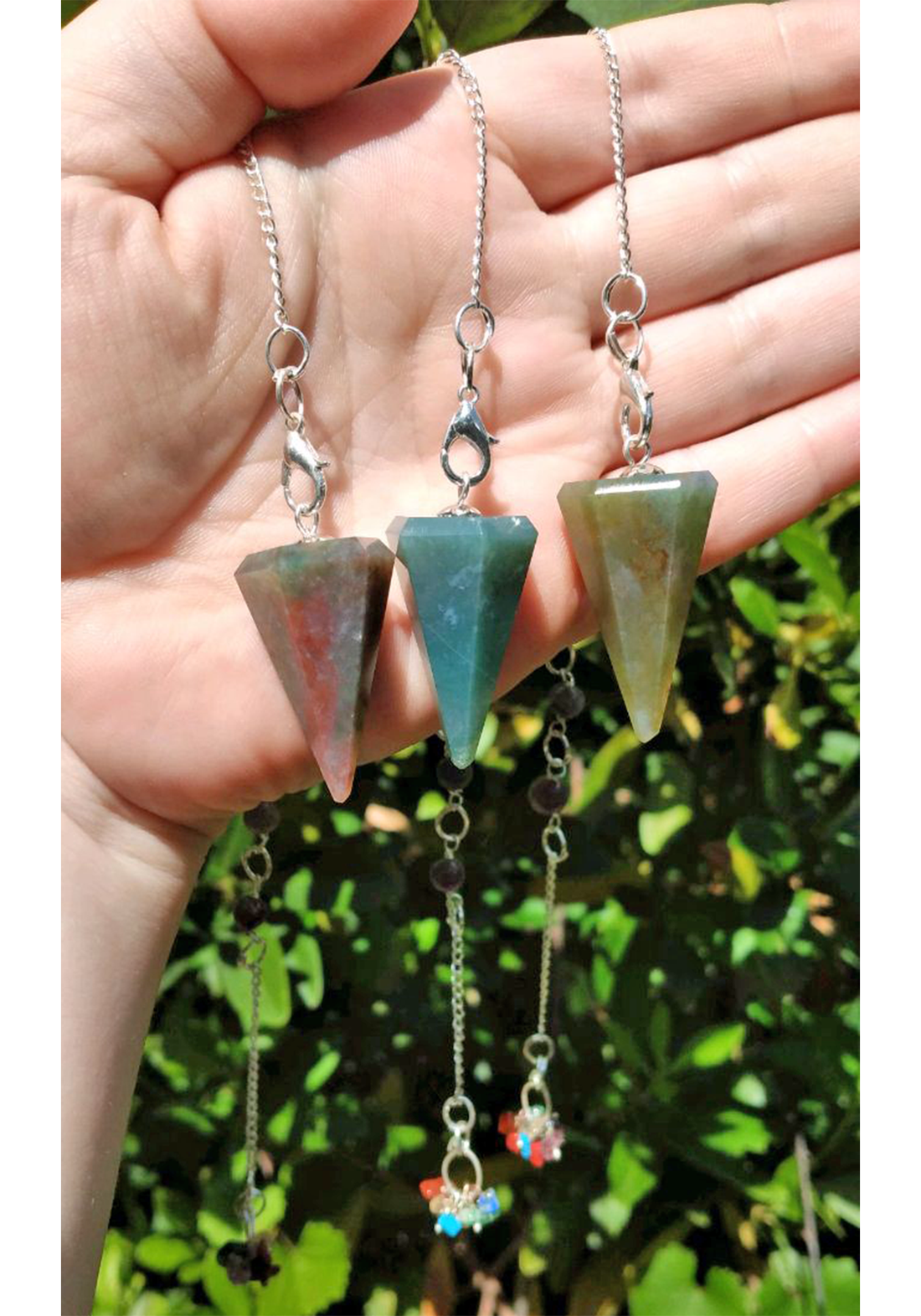 Moss Agate Gemstone Polished Pendulum with Chakra Beaded Chain - Pictured: Three diffferently colored Moss Agate Pendulums, to show variety.