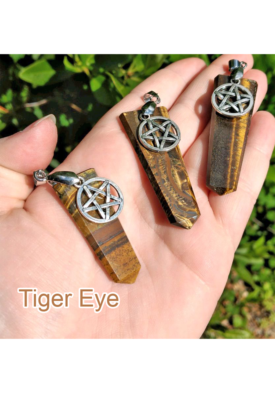 Polished Gemstone Point Pentacle Talisman Pendant - Tiger Eye