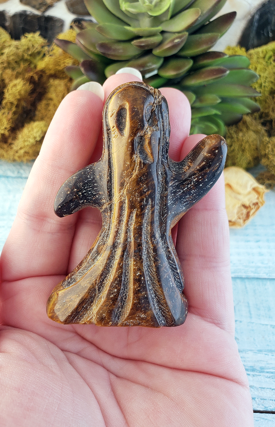Tiger Eye Natural Gemstone Spooky Spirit Wailing Ghost Carving - Showing Internal Fracture