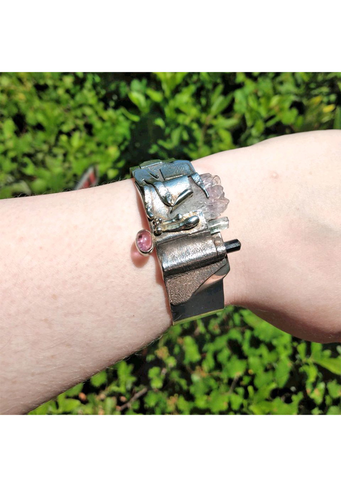 Amethyst Stalactite and Multi-Tourmaline Gemstone Sterling Silver Artisan Cuff Bracelet - Persephone