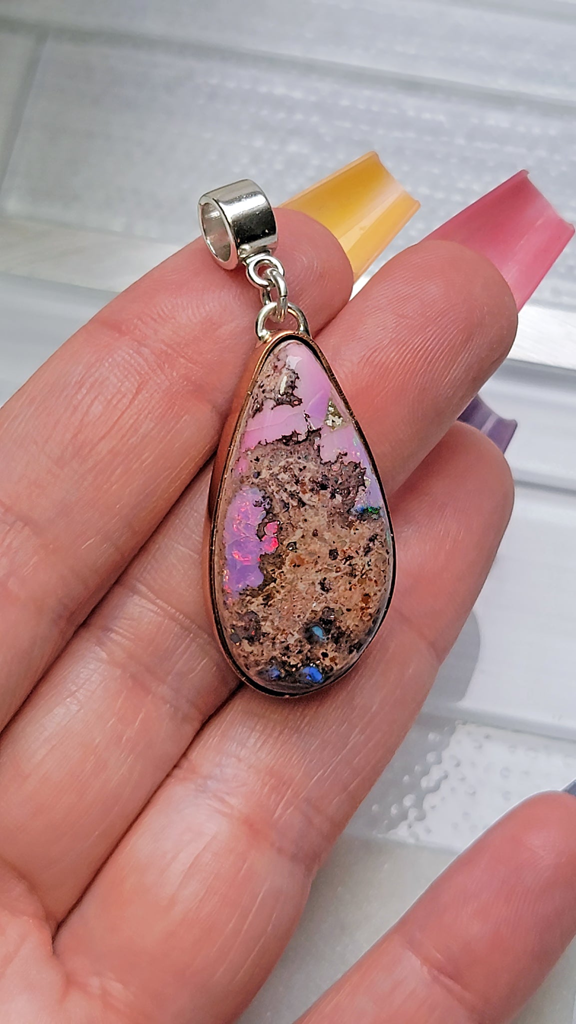 Natural Cantera Mexican Pink Purple Opal Sterling Silver &amp; Copper Pendant - AAA Grade Opal