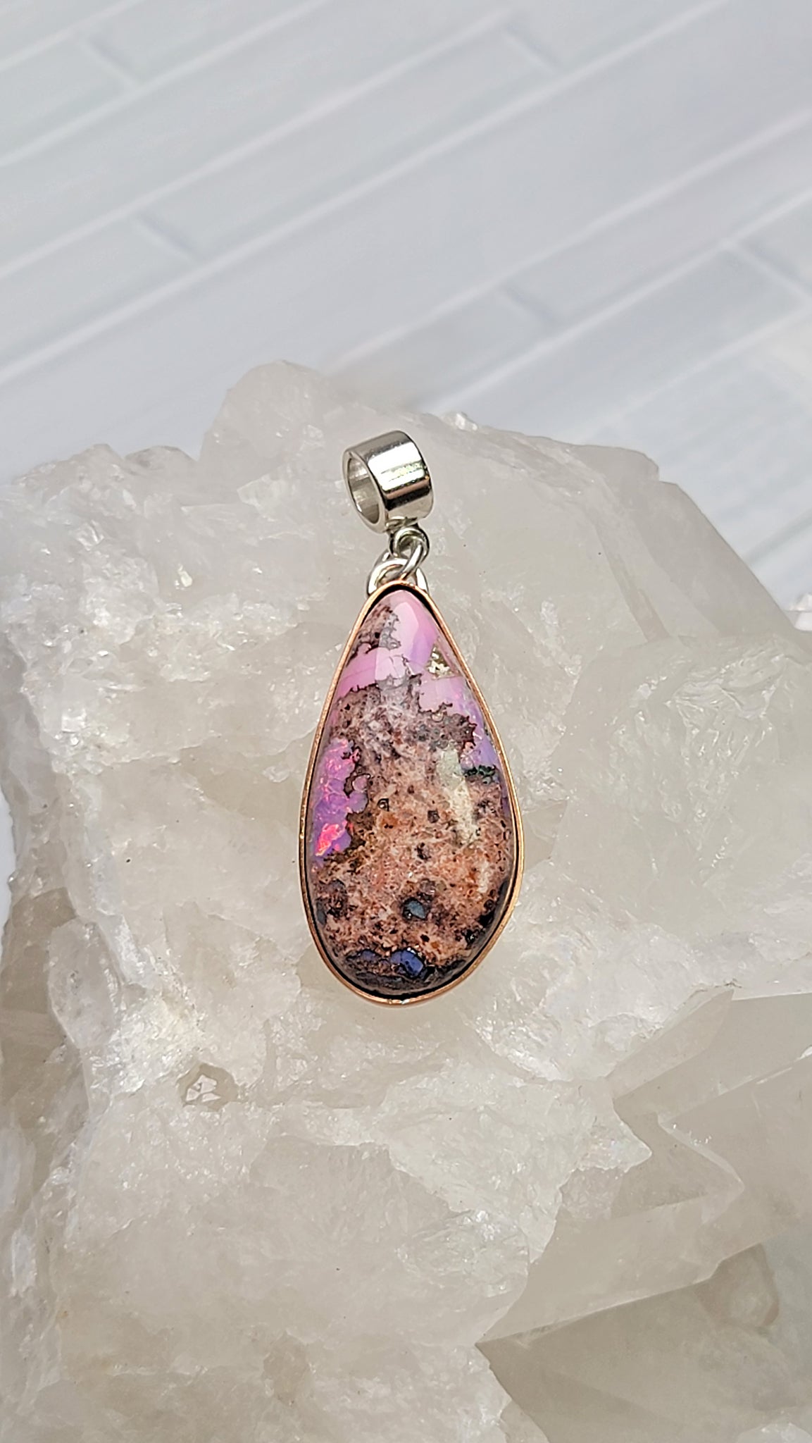 Natural Cantera Mexican Pink Purple Opal Sterling Silver &amp; Copper Pendant - AAA Grade Opal