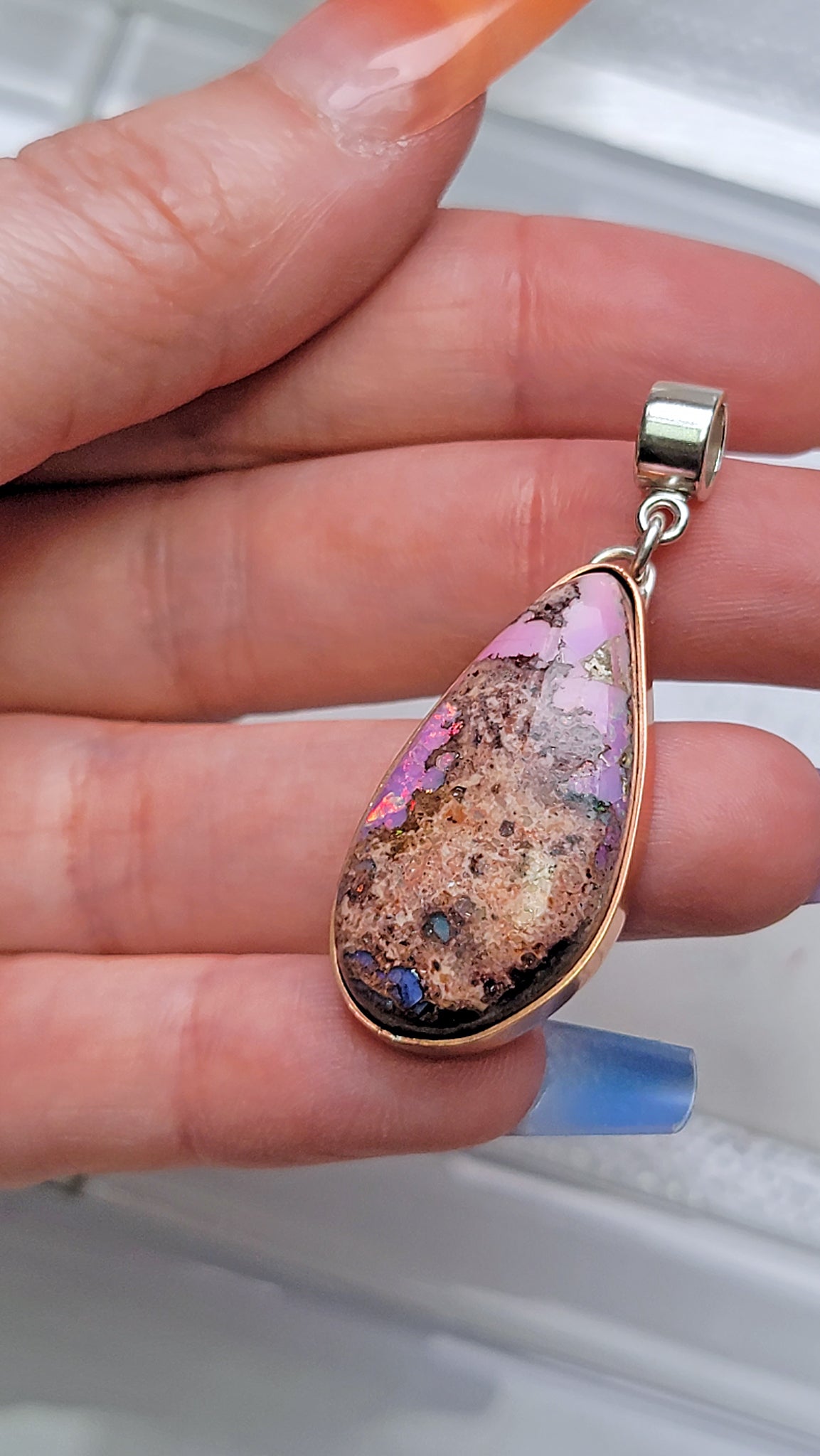 Natural Cantera Mexican Pink Purple Opal Sterling Silver &amp; Copper Pendant - AAA Grade Opal