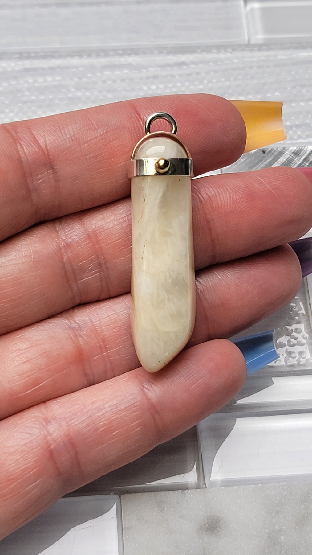 White Moonstone Sterling Silver, Copper, and 10k Pendant