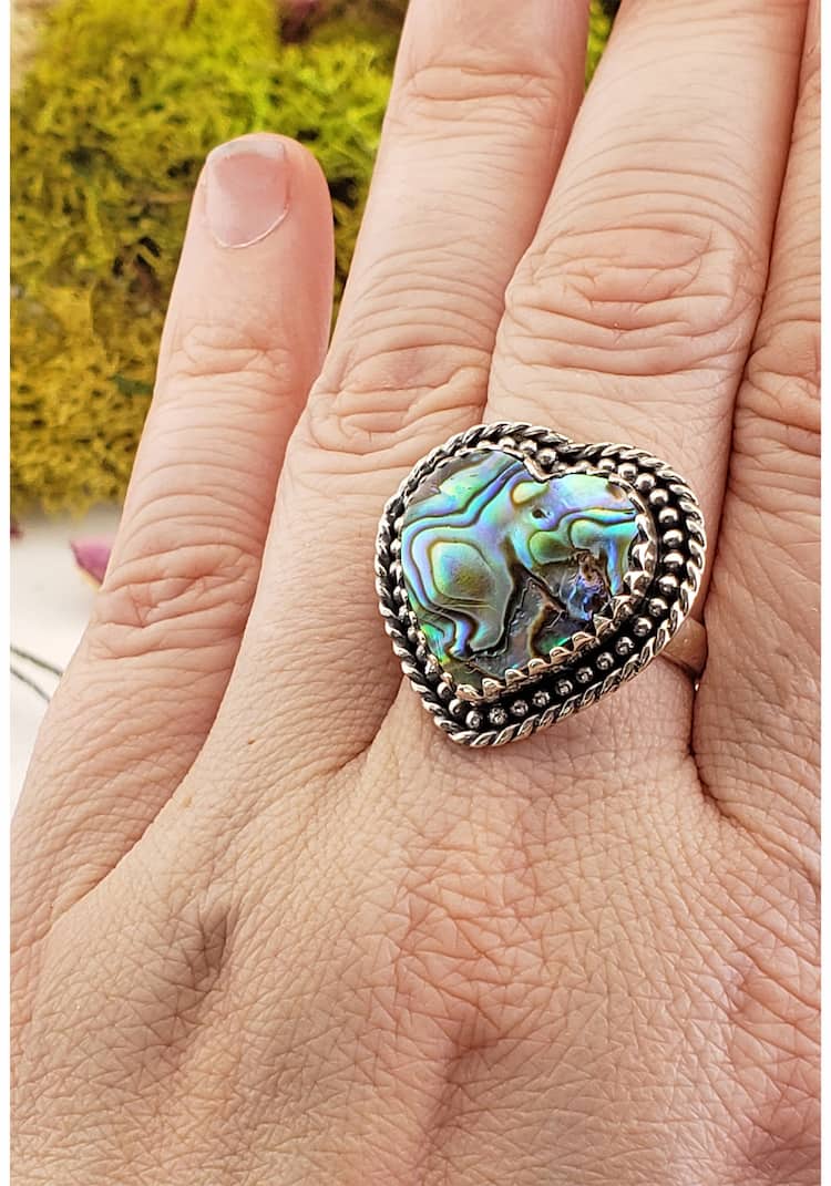 thumbnail image 2 of Abalone Shell Gemstone Ring – Handmade 925 Sterling Silver Adjustable Cocktail Ring 2 of 4