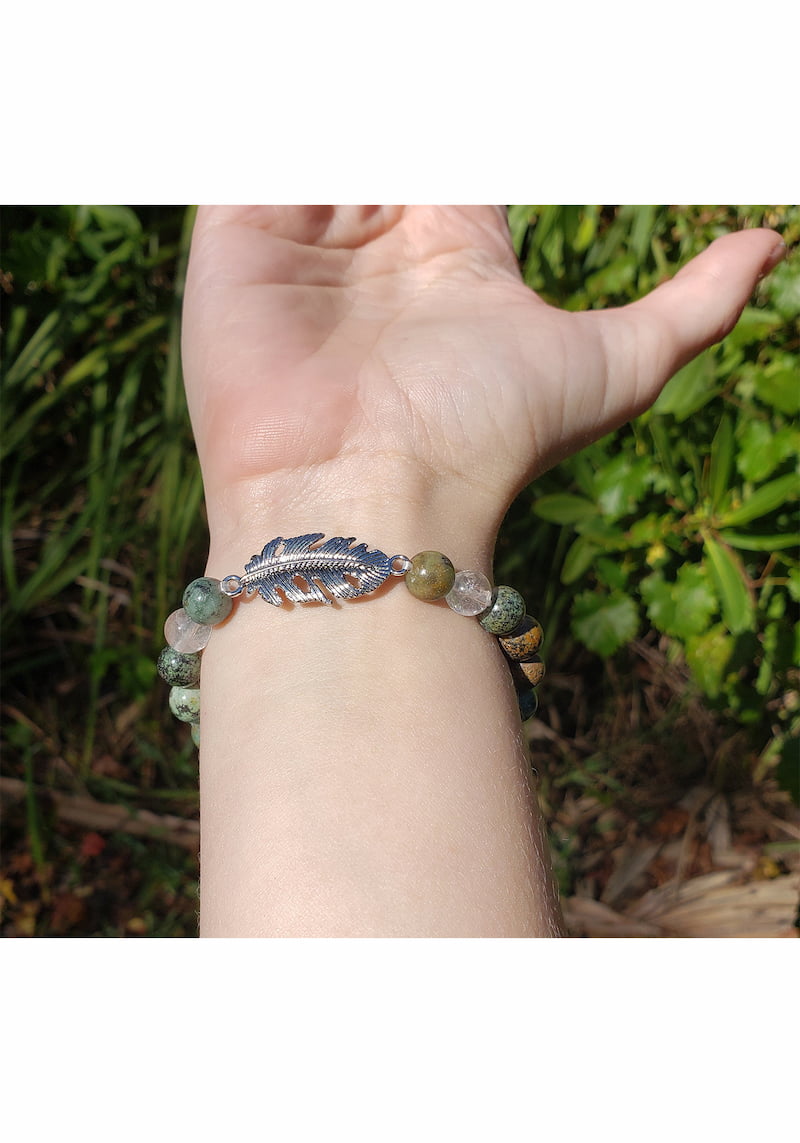 African Turquoise & Clear Quartz 8mm Bead Bracelet with Feather Charm
