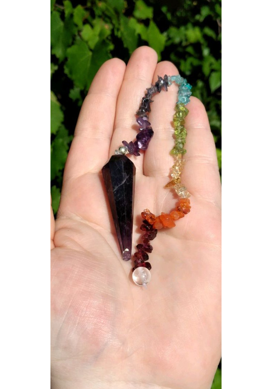 Amethyst Gemstone Polished Pendulum with Rainbow Chakra Chip Cord 3