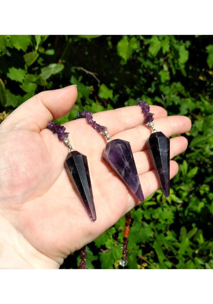Amethyst Gemstone Polished Pendulum with Rainbow Chakra Chip Cord