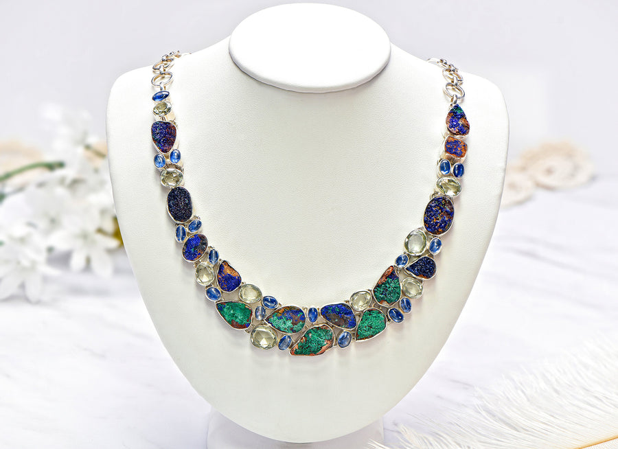 Azurite, Malachite, Kyanite, & Prasiolite Gemstone Sterling Silver Necklace
