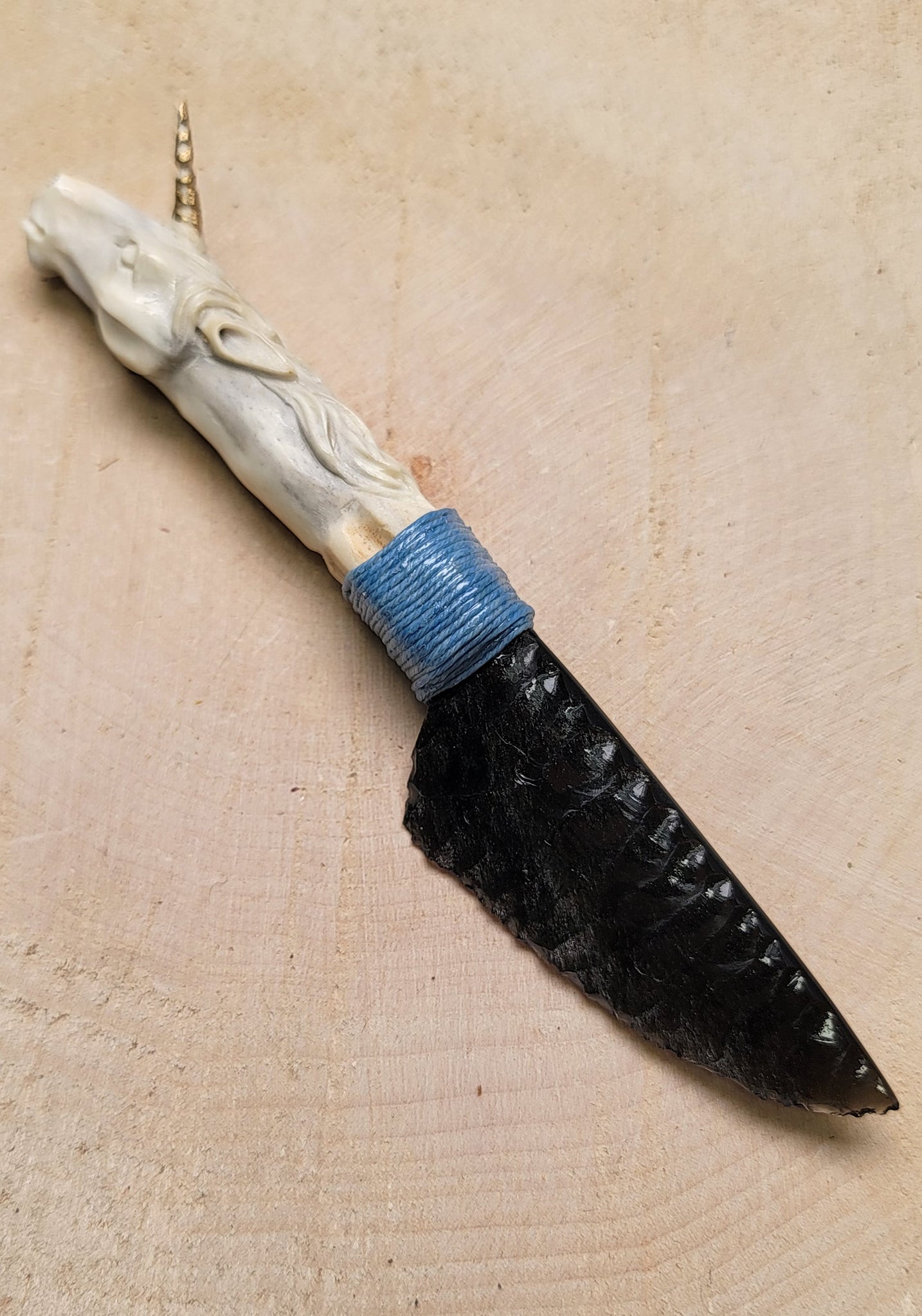 Silver Sheen Obsidian Polished Gemstone Blade Knife With Unicorn Carved Antler Handle - Unique!
