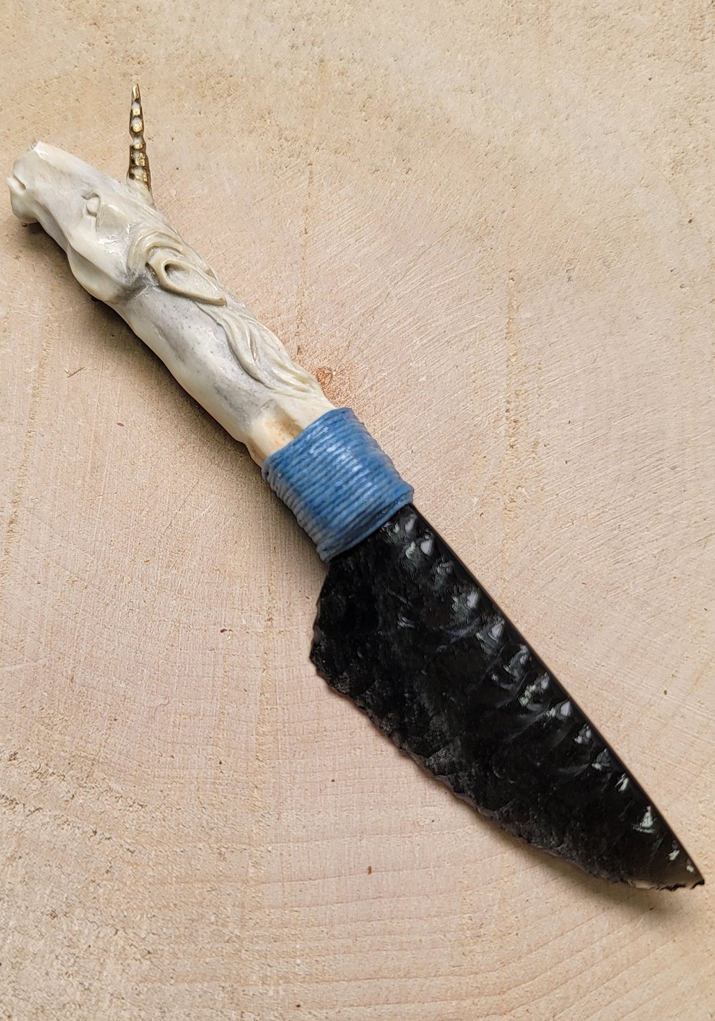 Silver Sheen Obsidian Polished Gemstone Blade Knife With Unicorn Carved Antler Handle