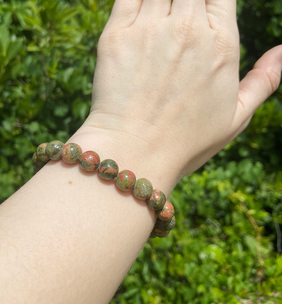 Unakite Polished Natural Gemstone 8mm Bead Bracelet