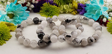 Black Touramline Rutile in Quartz Natural Gemstone 12mm Bead Bracelet | Crystal Gemstone Shop.