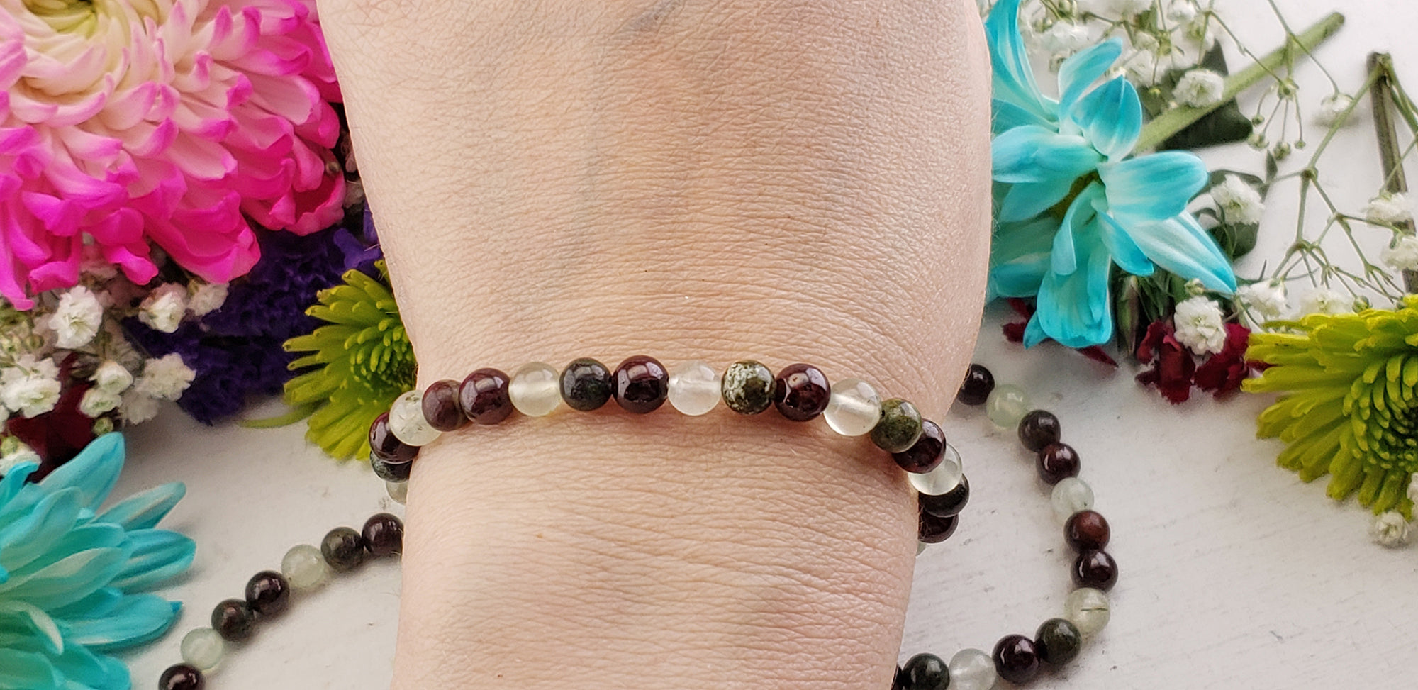 Dragon Stone, Garnet, Prehnite Natural Gemstone 6mm Bead Bracelet | Crystal Gemstone Shop.