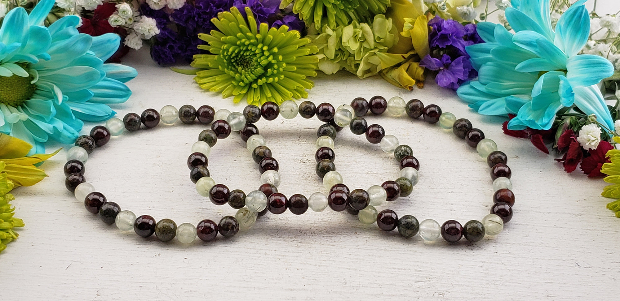 Dragon Stone, Garnet, Prehnite Natural Gemstone 6mm Bead Bracelet 