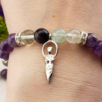 Rainbow Fluorite & Amethyst Natural Gemstone 8mm Bead with Goddess Charm Bracelet 